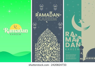 Ramadan Kareem. Islamic greeting card template for wallpaper design. Poster, media banner. A set of vector illustrations.