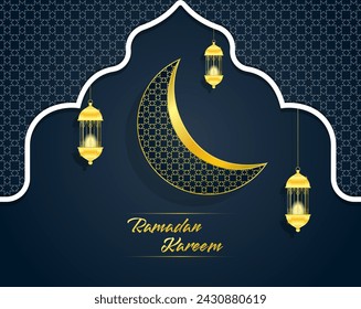 ramadan kareem islamic greeting card. Golden moon and lamp. vector illustration