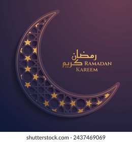 Ramadan Kareem islamic greeting card banner background design with arabic calligraphy. Crescent moon geometric pattern and gold star