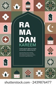 Ramadan Kareem. Islamic greeting card, poster template in flat style. Eid Mubarak.