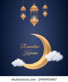 ramadan kareem islamic greeting card background vector illustration. Golden moon and lamp. design template illustration with 3d realistic golden lantern