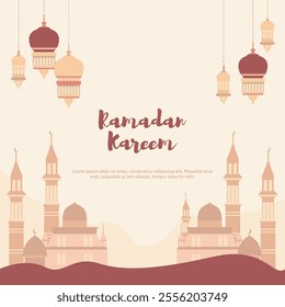 Ramadan Kareem Islamic Greeting Card Background with Mosque Lantern Decoration