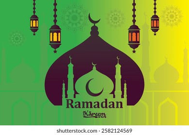 Ramadan Kareem Islamic greeting card background with mosque, moon, Islamic lumps, mandala design, Ramadan Kareem Template, Ramadan Kareem lantern background with vector illustration