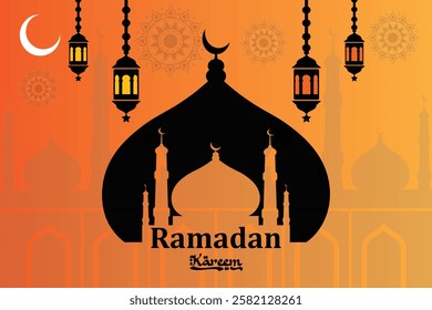 Ramadan Kareem Islamic greeting card background with mosque, moon, Islamic lumps, mandala design, Ramadan Kareem Template, Ramadan Kareem lantern background with vector illustration