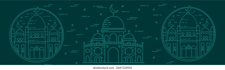 Ramadan Kareem Islamic greeting card with line art design vector illustration, Ramadan Kareem Design with Mosque Line Art Background Great mosque landscape monoline modern hand drawing style