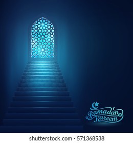 Ramadan Kareem islamic greeting card background mosque door with arabic pattern