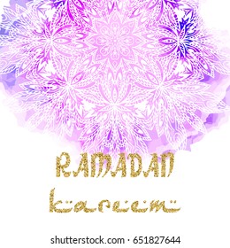 Ramadan Kareem, islamic greeting card template. Circle ornament with gold and watercolor.