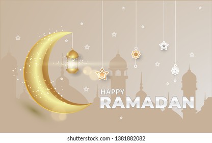 Ramadan kareem islamic greeting design background with three gold lantern and crescent moon, Translation of text : May Generosity Bless you during the holy month