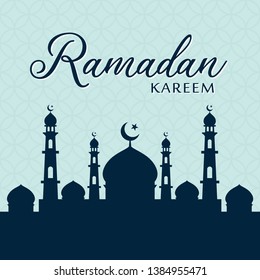 Ramadan Kareem islamic greeting design line mosque dome with arabic pattern lantern and calligraphy