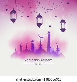 
Ramadan Kareem islamic greeting design with arabic pattern lantern and calligraphy - Vector