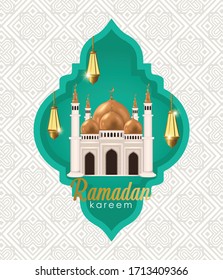 Ramadan Kareem islamic greeting design,  realistic mosque design with marbel background. copy space text, vector illustration.