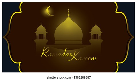 Ramadan Kareem islamic greeting with gold and blue mosque illustration or isra and mi'raj islamic greeting nabawi mosque - Vector