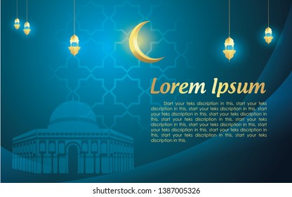 Ramadan Kareem islamic greeting with gold and blue mosque illustration or isra and mi'raj islamic greeting aqsa mosque  allah muhammad - Vector