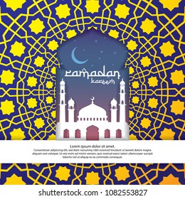 Ramadan Kareem islamic greeting with mosque and abstract ornament pattern element design for Banner or Card Background Vector illustration.