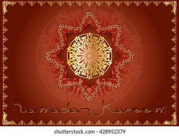 Ramadan Kareem - Islamic holiday background with Oriental Arabic style round ornament or arabesque with floral pattern and arabic calligraphy, colorful mandala graphic element, oriental carpet style
