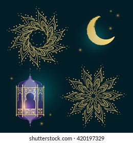 Ramadan Kareem Islamic holiday icon set with gold fretwork pattern, frame, stars, night sky, half moon, crescent, eastern Arabic lantern background for invitation card, fabric, banner template