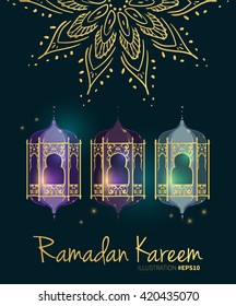 Ramadan Kareem Islamic holiday icon set with fretwork, stars, night sky, eastern Arabic lantern. Background for invitation card, fabric, banner template