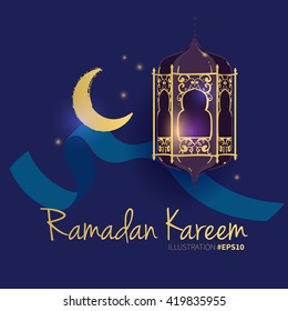 Ramadan Kareem Islamic holiday set with wreath frame, ribbon, stars, night sky, half moon, crescent, eastern Arabic lantern background. Hand drawn invitation, card, fabric, banner template.