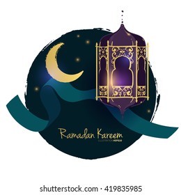 Ramadan Kareem Islamic holiday set with wreath frame, ribbon, stars, night sky, half moon, crescent, eastern Arabic lantern background. Hand drawn invitation, card, fabric, banner template.