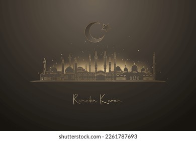 Ramadan Kareem islamic holiday. Skyline of Muslim mosques in linear style. Greeting card with national islamic holiday.