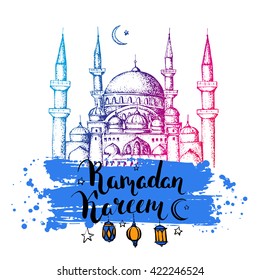 Ramadan Kareem. Islamic holiday vector background. Modern calligraphy. Ink hand drawn inscription. Brush lettering. Greeting card with mosque.