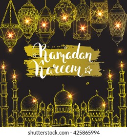 Ramadan Kareem. Islamic holiday vector shining background. Calligraphy. Hand drawn inscription. Eid greeting card. Arabic lantern and golden mosque. Night. 
