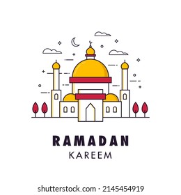 Ramadan kareem islamic holy festival with minimalist mosque line art vector style. Ramadan kareem means generous ramadan.