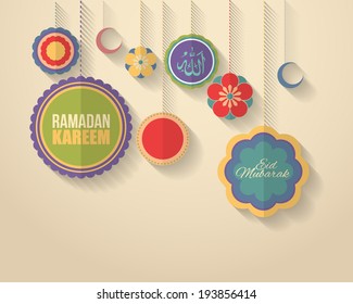 Ramadan Kareem - Islamic Holy Nights Theme Vector Design - Arabic "Eid Mubarak" and "Allah", "be Blessed" and "God" at English