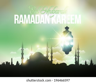 Ramadan Kareem - Islamic Holy Nights Theme Vector Design  - Arabic "Eid Mubarak", "be Blessed" at English