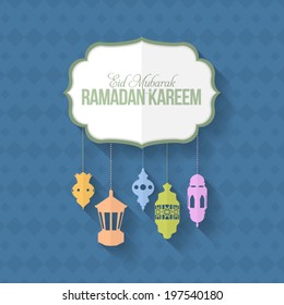 Ramadan Kareem - Islamic Holy Nights Theme Vector Design - Arabic "Eid Mubarak", "be Blessed" at English