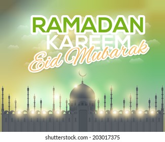 Ramadan Kareem - Islamic Holy Nights Theme Design - Arabic "Eid Mubarak", "be Blessed" at English