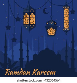 Ramadan Kareem - Islamic Holy Nights, Theme Design background, Ramadan latern, saint fest, arabian and turk religion culture set. Mosque with minaret, east cityscape, Night city