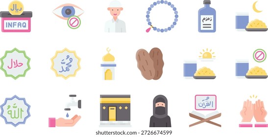 Conjunto de iconos islámicos de Ramadán Kareem Adoración, ayuno y símbolos de fe