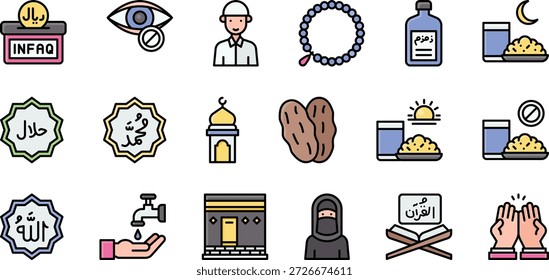 Conjunto de iconos islámicos de Ramadán Kareem Adoración, ayuno y símbolos de fe
