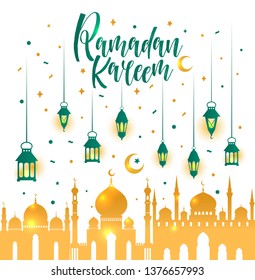 Ramadan Kareem islamic illustration with 3d cute lantern and star and moon. Banner with mosque.