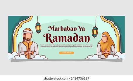 Ramadan Kareem islamic illustration greetings on banner cover page template with moslem cartoon