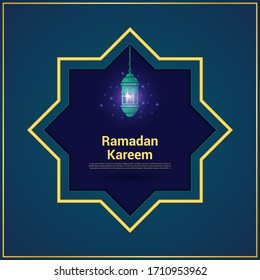 Ramadan Kareem islamic illustration vector design with hanging lantern and gold frame for Background and Banner. Simple and elegant look