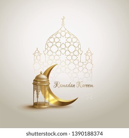 Ramadan Kareem Islamic Lantern and Moon Design with Arabic Mosque Pattern