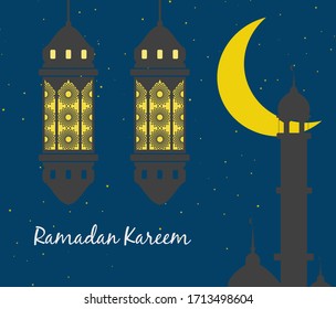 Ramadan Kareem - Islamic lantern and silhouette of mosque at night.