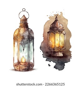 Ramadan Kareem islamic lantern watercolor illustration vector