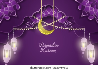 Ramadan Kareem Islamic with line element purple and gold color