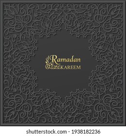 Fondo de ornamento islámico de lujo Ramadan kareem y texto de felicitación dorada sobre un telón de fondo oscuro. Tarjeta de felicitación vectorial.