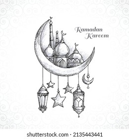 	Ramadan kareem islamic moon and mosque sketch card background