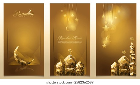 Ramadan Kareem islamic mosque and crescent gold mosaic greeting background