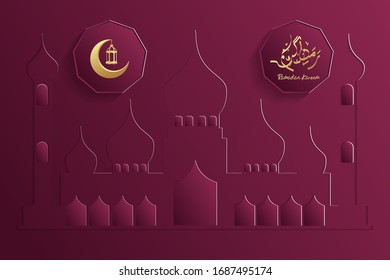 Ramadan kareem islamic mosque design with hanging ramadan lanterns and crescent element.