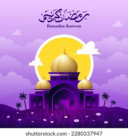 Ramadan Kareem islamic mosque landscape with purple cloudy sky at night vector background
