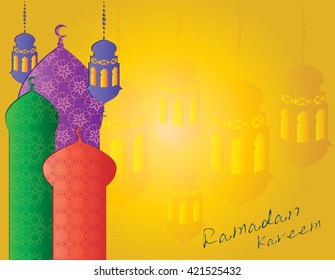 Ramadan Kareem - islamic muslim holiday background or greeting card, with ornamental arabic oriental windows or mosque minarets and calligraphy, with colorful eid holiday lanterns or lamps