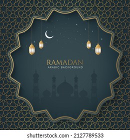 Ramadan Kareem Islamic Ornamental Background With Arabic Pattern and Mosque With Lanterns