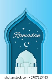 Ramadan Kareem Islamic paper cut Background Template and Holidays modern style A4 size Design. Abstract, Mosque, moon, stars, Arabian Background Design, Hajj, Um-rah, Eid Mubarok Greeting Card Design 