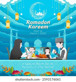 Ramadan kareem islamic poster design with family illustration